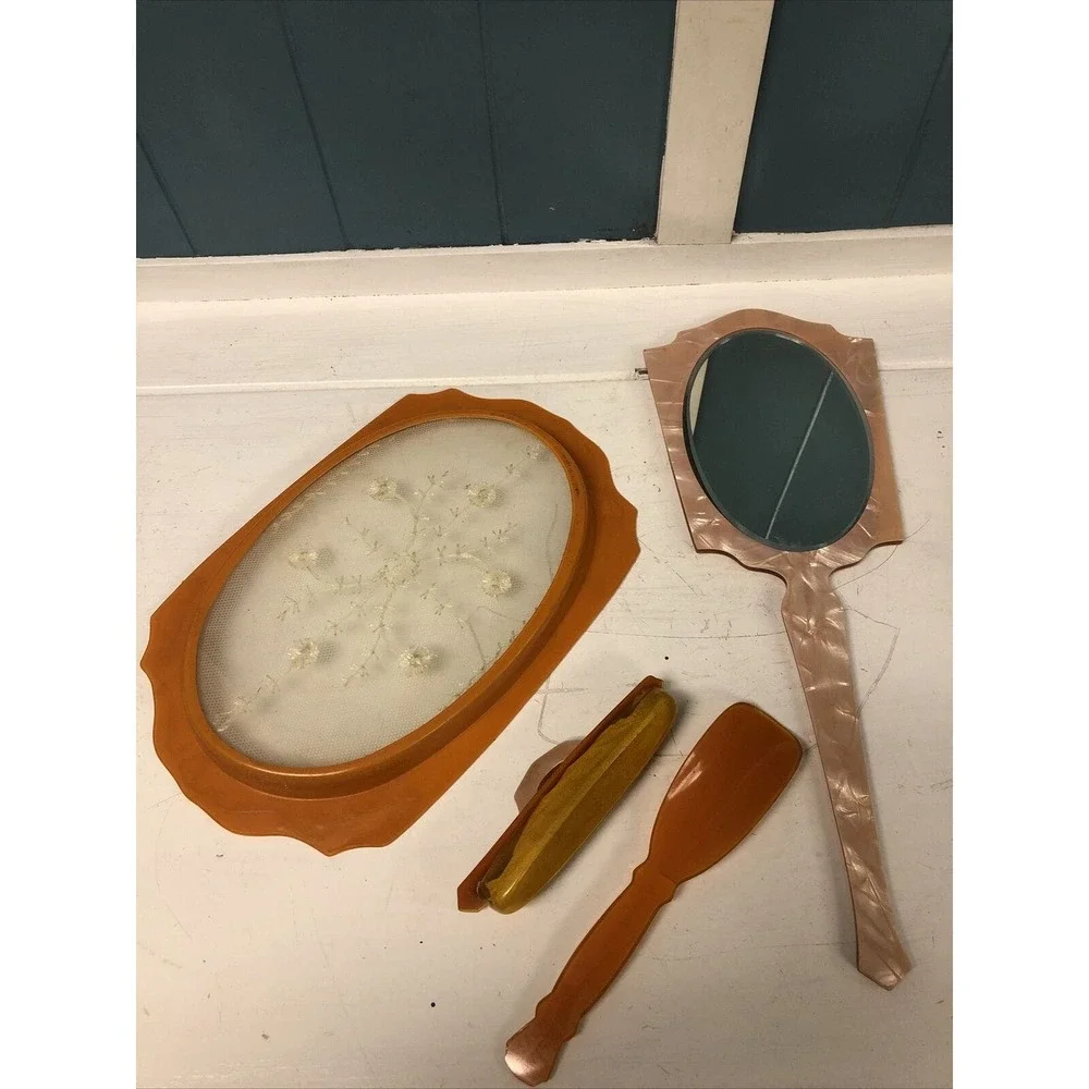 Vtg 4pc Vanity Set Beveled Pearlized Embossed Amber Dresser Tray Mirror Shoehorn